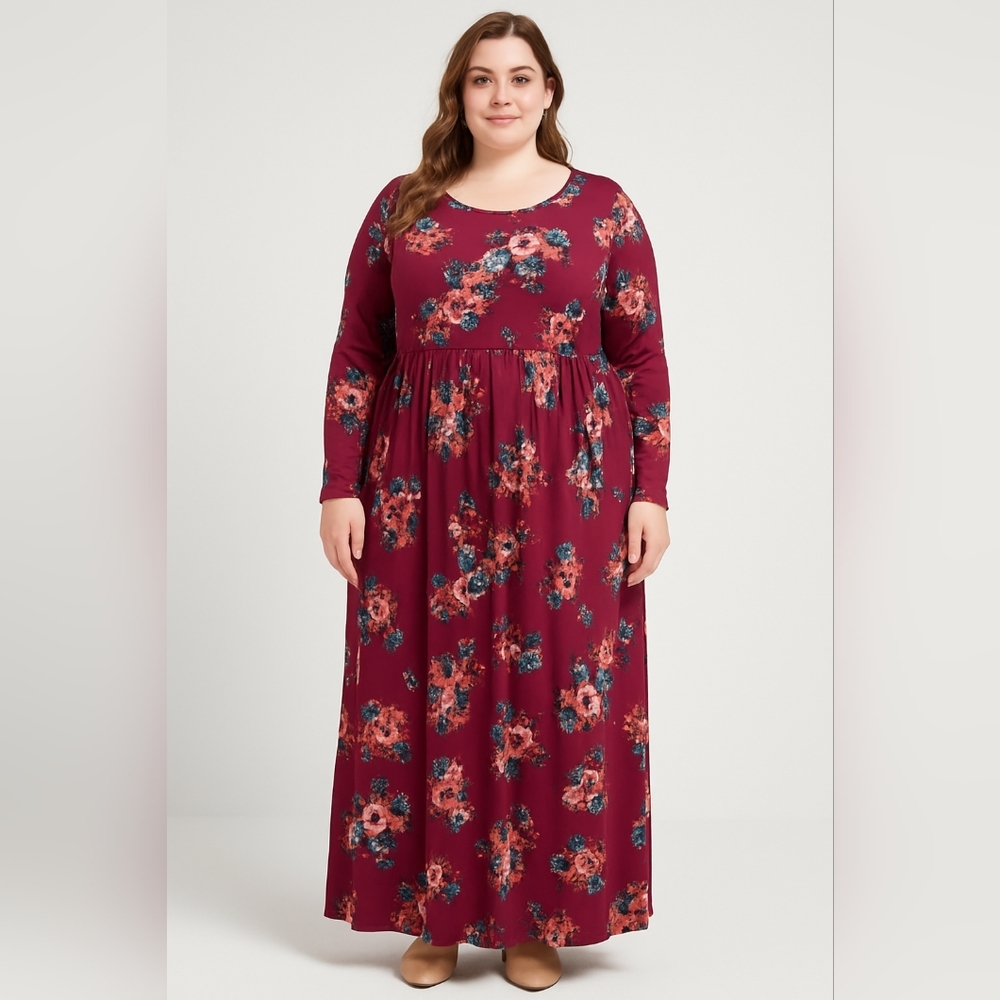 AB) Floral Print Burgundy Maxi Dress – Size 2X | Romantic Evening or Cas…